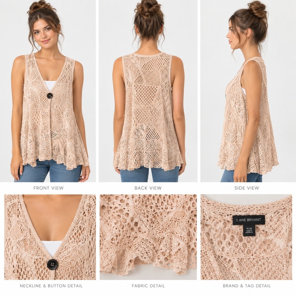 Lily by Firmiana Crochet Knit Sleeveless Top Peach Boho V-Neck XL